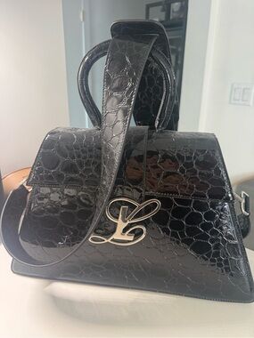 Black Croc-Embossed Patent Satchel with Signature Metal Logo